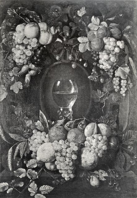 Anonimo — Gillemans Jan Pauwel I - sec. XVII - Ghirlanda di frutta con bicchiere römer — insieme
